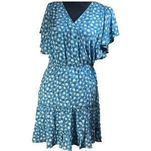 Altar State Blue‎ Daisy Print Flutter Sleeve Tiered Ruffle Dress M boho feminine